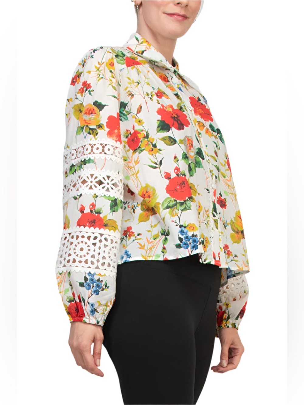 Elie High Collar Elastic Cuff Long Sleeves  Floral Pattern Shirt, size L, EUC